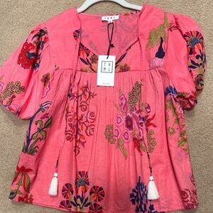 THML Coral Pink Floral Puff-Sleeve Peasant Blouse